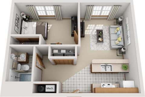 Floor plan for 1 bed, 1 bath, 637 sqft